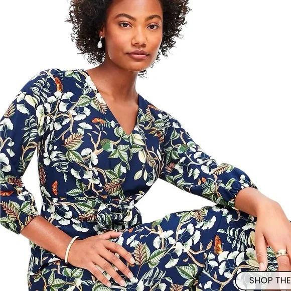 LOFT Navy Botanical Tie-Waist Midi Dress - Picture 3 of 14